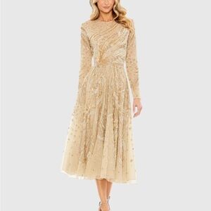 Mac Duggal Gold Embellished Long Sleeve Midi Dress